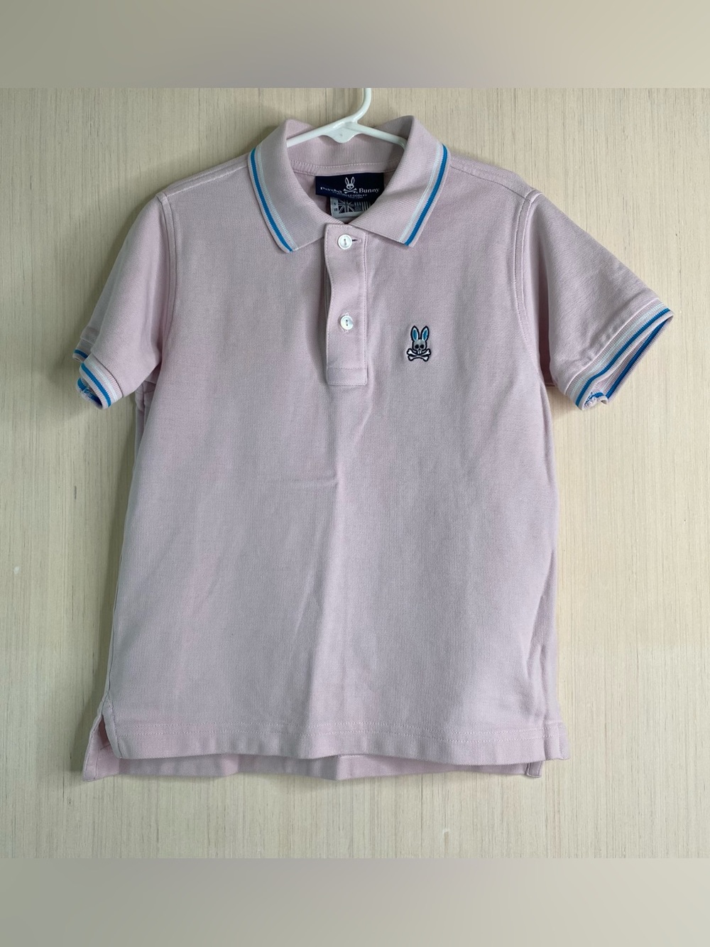 Psycho Bunny Kids Pink Polo Shirt with Blue Trim 100% Pima Cotton Small 7/8